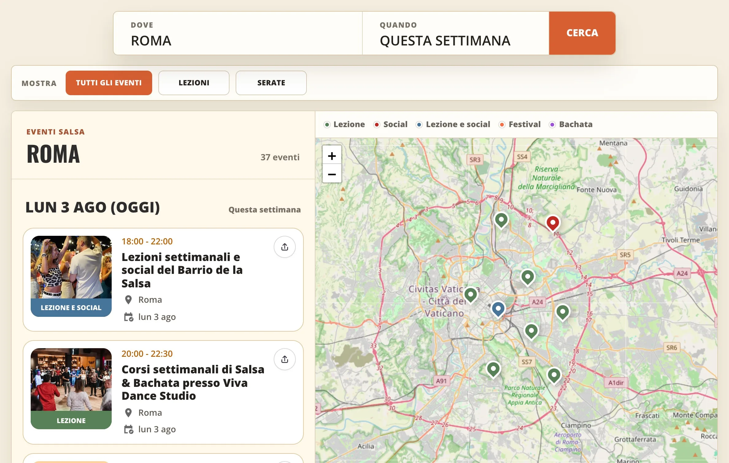 Mappa Salsa Vida degli eventi di salsa a Roma
