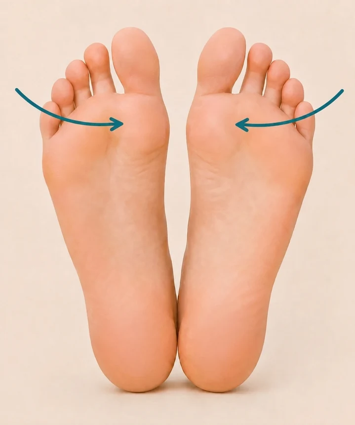 Soles of two feet with the inside balls highlighted beneath the big toes
