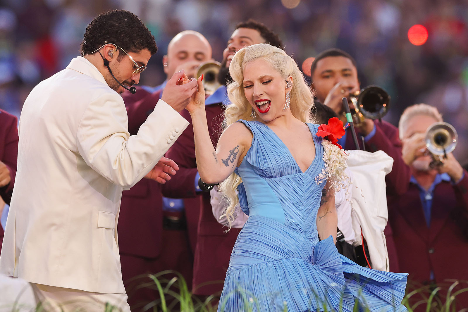Bad Bunny and Lady Gaga salsa dancing at the Super Bowl halftime show