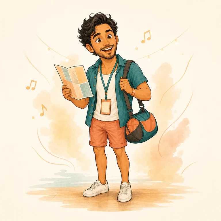 First-time festival attendee holding a schedule and dance bag