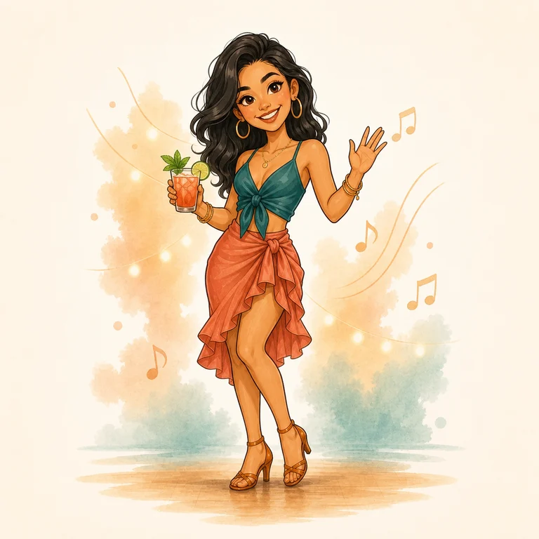 Partygoer greeting friends with a drink at a Latin dance festival