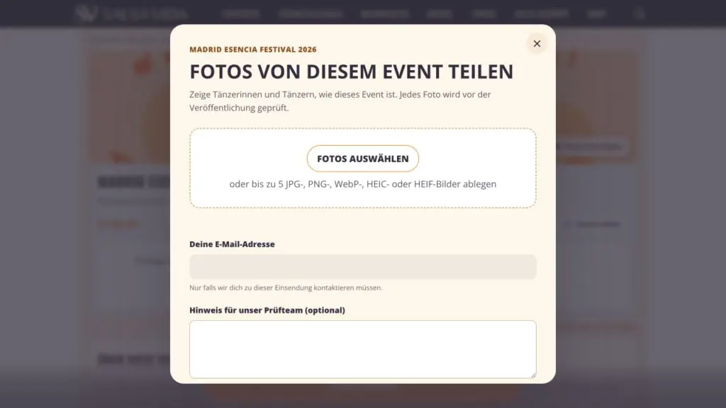 Salsa-Vida-Dialog zum Einreichen von Eventfotos