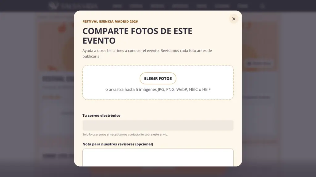 Ventana de Salsa Vida para enviar fotos de eventos