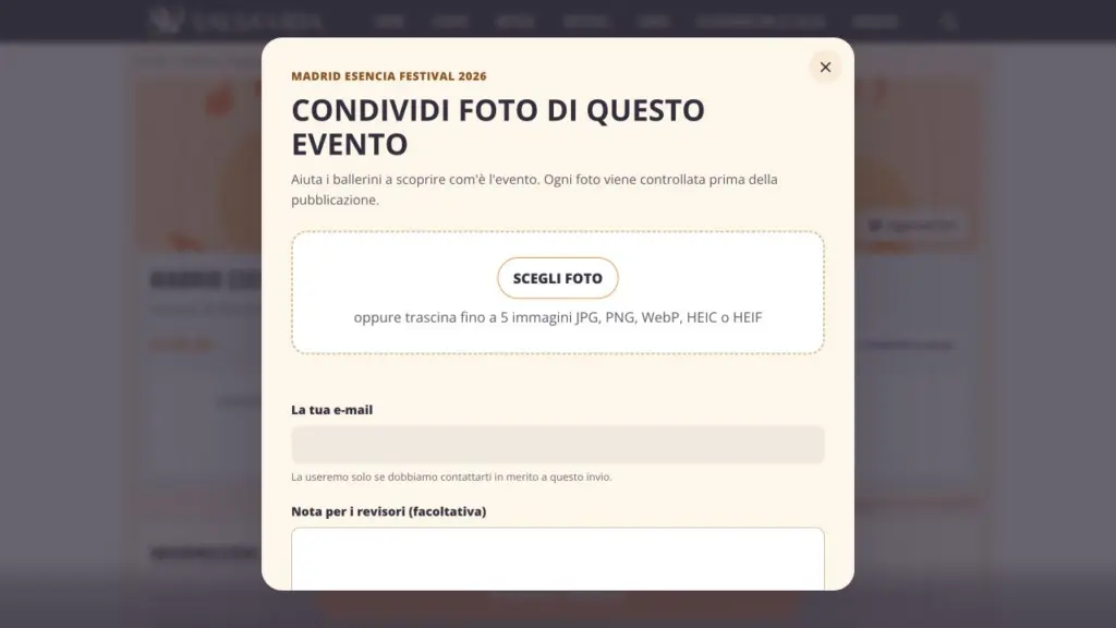 Finestra di Salsa Vida per inviare foto degli eventi