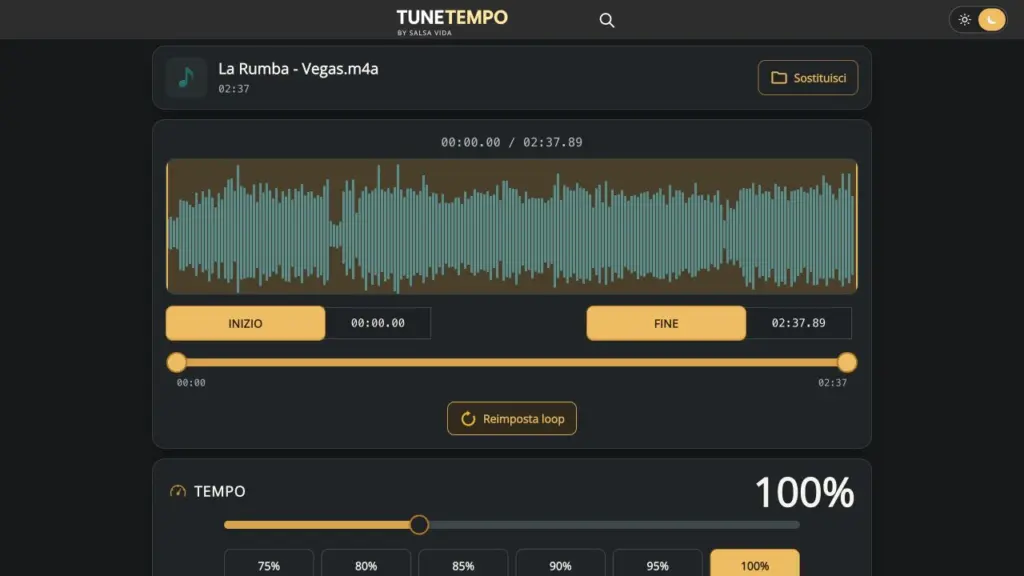 TuneTempo in modalità notte con un brano caricato