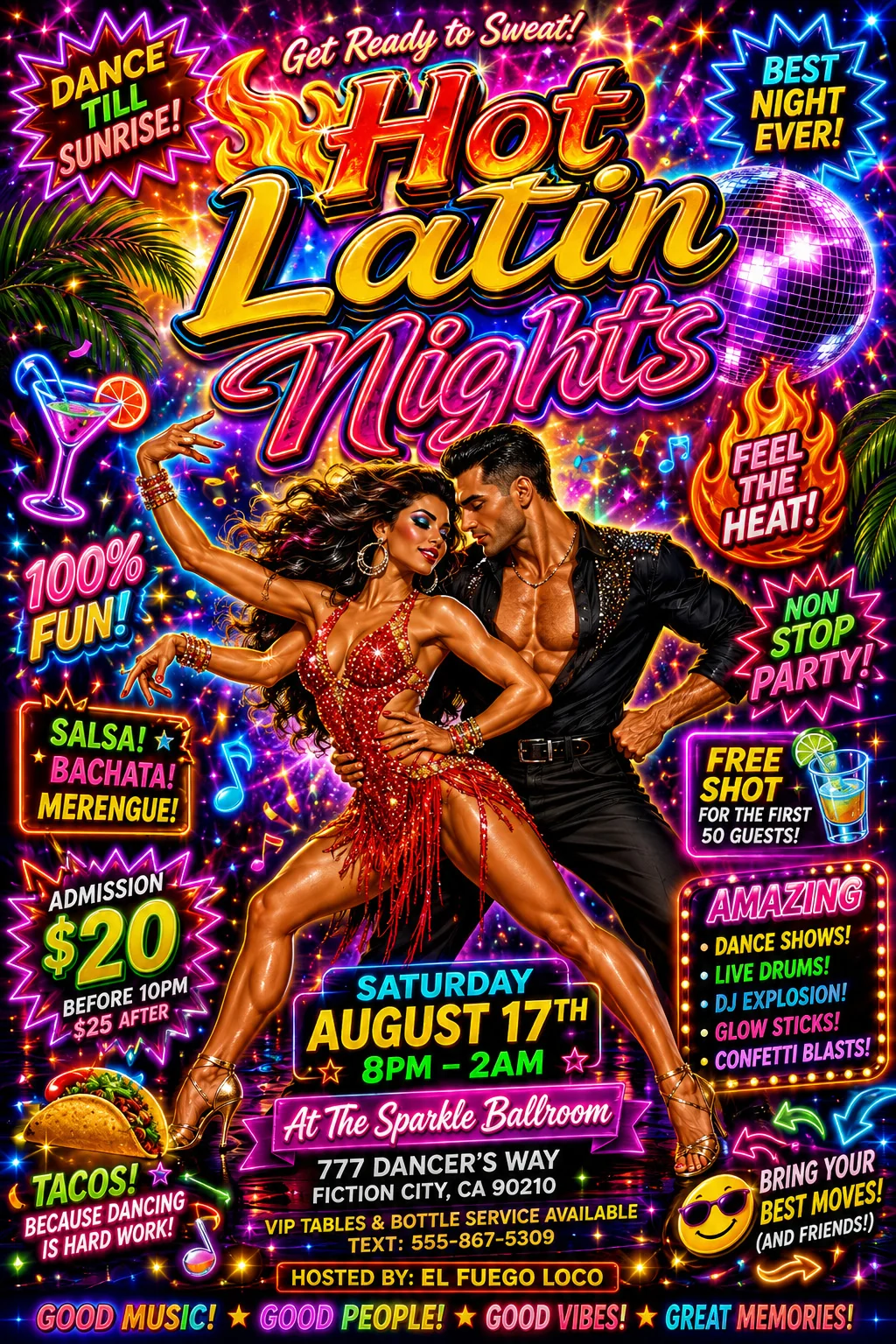 Colorful Hot Latin Nights flyer crowded with neon text, starbursts, and a dancing couple.