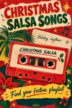 A red cassette labeled Christmas Salsa sits among festive green leaves, stars and flowers on a vintage Christmas salsa songs poster.
