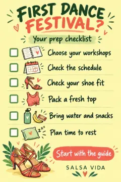 An illustrated first dance festival checklist lists workshops, schedule, shoe fit, a fresh top, water and snacks, and time to rest.