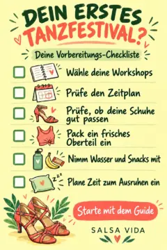 Eine illustrierte Checkliste für das erste Tanzfestival führt Workshops, Zeitplan, gut sitzende Schuhe, ein frisches Oberteil, Wasser und Snacks sowie Zeit zum Ausruhen auf.