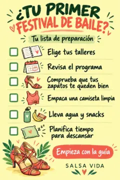Una lista ilustrada para el primer festival de baile incluye talleres, horarios, ajuste del calzado, una camiseta de cambio, agua y refrigerios, y tiempo para descansar.