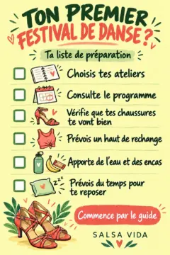 Une liste illustrée pour un premier festival de danse rappelle les ateliers, le programme, des chaussures bien ajustées, un haut de rechange, de l’eau, des en-cas et du temps pour se reposer.