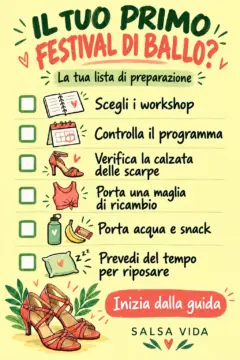 Una checklist illustrata per il primo festival di ballo elenca workshop, programma, calzata delle scarpe, una maglia di ricambio, acqua e spuntini e tempo per riposare.