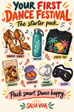 A colorful festival starter pack shows dance shoes, a water bottle, fresh top, snacks, earplugs, phone charger and sleep mask.