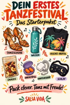 Eine farbenfrohe Illustration der Festival-Grundausstattung zeigt Tanzschuhe, eine Wasserflasche, ein frisches Oberteil, Snacks, Ohrstöpsel, ein Handyladegerät und eine Schlafmaske.