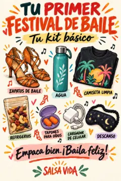 Un colorido kit básico para un festival muestra zapatos de baile, una botella de agua, una camiseta de cambio, refrigerios, tapones para los oídos, un cargador de teléfono y un antifaz para dormir.