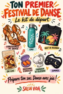 Un kit coloré pour un premier festival réunit des chaussures de danse, une bouteille d’eau, un haut propre, des en-cas, des bouchons d’oreilles, un chargeur de téléphone et un masque de sommeil.