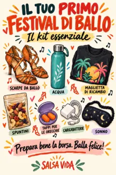 Un colorato kit di base per un festival mostra scarpe da ballo, una borraccia, una maglia di ricambio, spuntini, tappi per le orecchie, un caricabatterie per telefono e una mascherina per dormire.