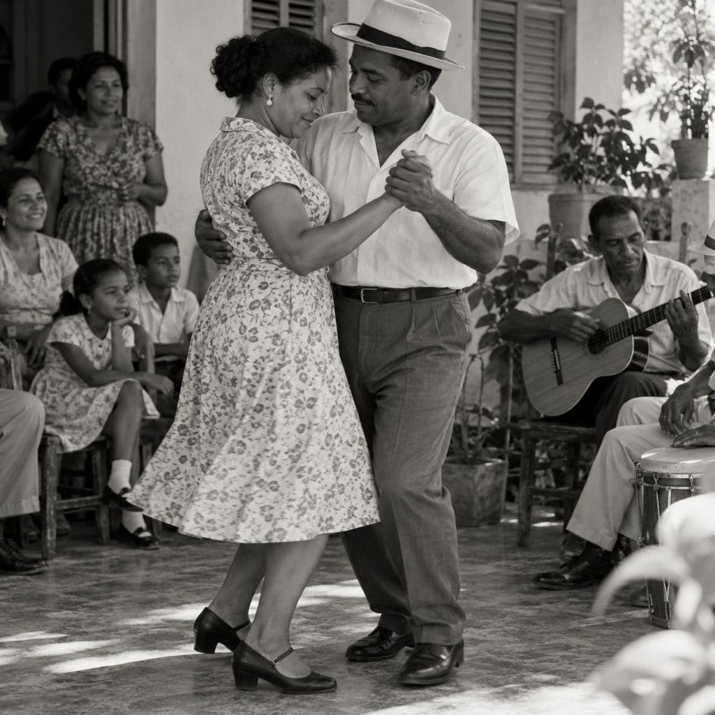 Illustrazione di un incontro familiare dominicano. Illustrazione di un incontro familiare dominicano con ballo di coppia e musicisti