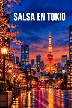 Imagen de viaje de Tokio de estilo fotográfico, con la Torre de Tokio iluminada en dorado sobre una calle mojada, edificios, farolas y flores rosadas. El encabezado en letras blancas dice "SALSA EN TOKIO".