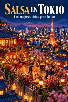 Escena de una ciudad en miniatura vista desde arriba, con tres parejas de salsa en una terraza de Tokio llena de flores, faroles y un horizonte urbano resplandeciente. La Torre de Tokio aparece detrás del encabezado "SALSA EN TOKIO" y del texto "Los mejores sitios para bailar".