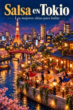 Diorama de Tokio en miniatura con tres pequeñas parejas bailando en una terraza junto al río iluminada por faroles, flores, edificios y la Torre de Tokio. El encabezado dice "Salsa en Tokio", seguido de "Los mejores sitios para bailar".