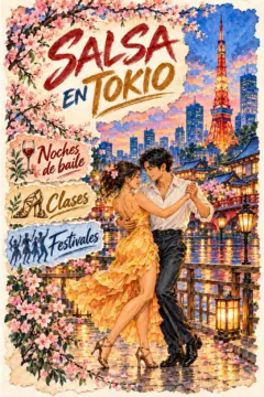Escena de un diario de viaje en acuarela con una pareja de salsa en posición cerrada. Ella lleva un vestido amarillo y él, una camisa blanca. La Torre de Tokio, flores de cerezo y faroles a la orilla del río aparecen detrás del encabezado con el nombre de la ciudad.