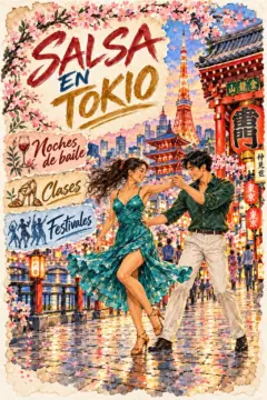Ilustración de Tokio en acuarela con una mujer de vestido verde azulado y un hombre de camisa verde bailando un paso de salsa en posición abierta. Flores de cerezo, la Torre de Tokio y un gran farol rojo enmarcan el encabezado y las etiquetas del diario de viaje.