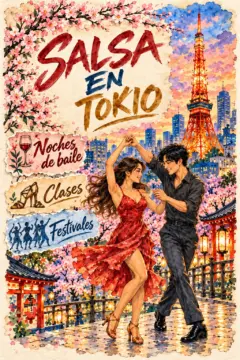 Cartel de viaje de Tokio a pluma y acuarela con una mujer de vestido rojo que gira bajo el brazo levantado de un hombre. La Torre de Tokio, flores de cerezo y faroles rodean el encabezado "SALSA EN TOKIO" y tres etiquetas de actividades.