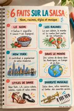 Six fiches colorées expliquent le nom de la salsa, ses racines, son lien avec New York, sa diffusion mondiale, ses styles de danse et sa diversité musicale, avec des croquis de nourriture, de ville et d’instruments.