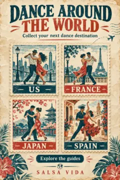 A vintage travel poster presents illustrated dance postage stamps labeled US, France, Japan and Spain beneath Dance Around the World.