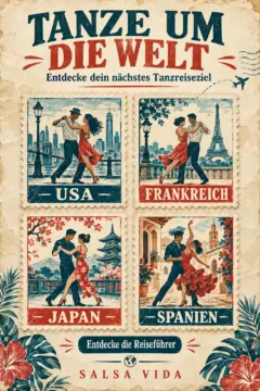 Ein Reiseplakat im Vintage-Stil zeigt illustrierte Tanzbriefmarken mit den Beschriftungen "USA", "FRANKREICH", "JAPAN" und "SPANIEN" unter der Überschrift "TANZE UM DIE WELT".