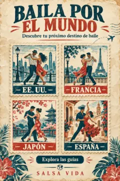 Un cartel de viajes de estilo vintage presenta sellos postales ilustrados de baile con las etiquetas "EE. UU.", "FRANCIA", "JAPÓN" y "ESPAÑA", debajo del título "BAILA POR EL MUNDO".