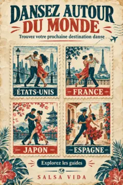 Une affiche de voyage rétro présente des timbres illustrés de danse portant les mentions « ÉTATS-UNIS », « FRANCE », « JAPON » et « ESPAGNE », sous le titre « DANSEZ AUTOUR DU MONDE ».